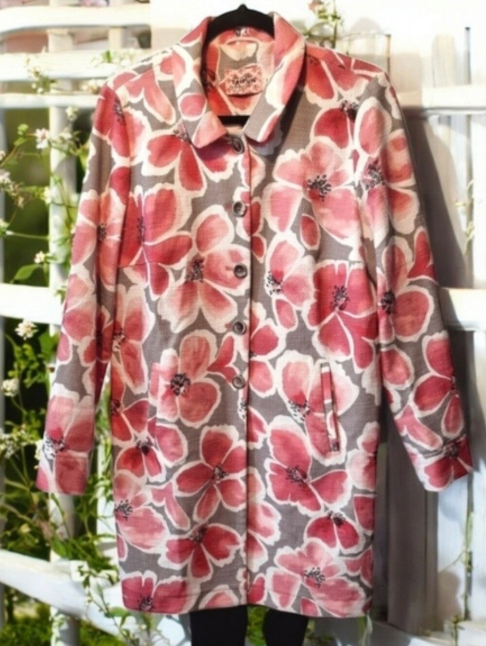 Taifun Lightweight Floral Pink Gray Women's Button-Front Cotton Blend Jacket